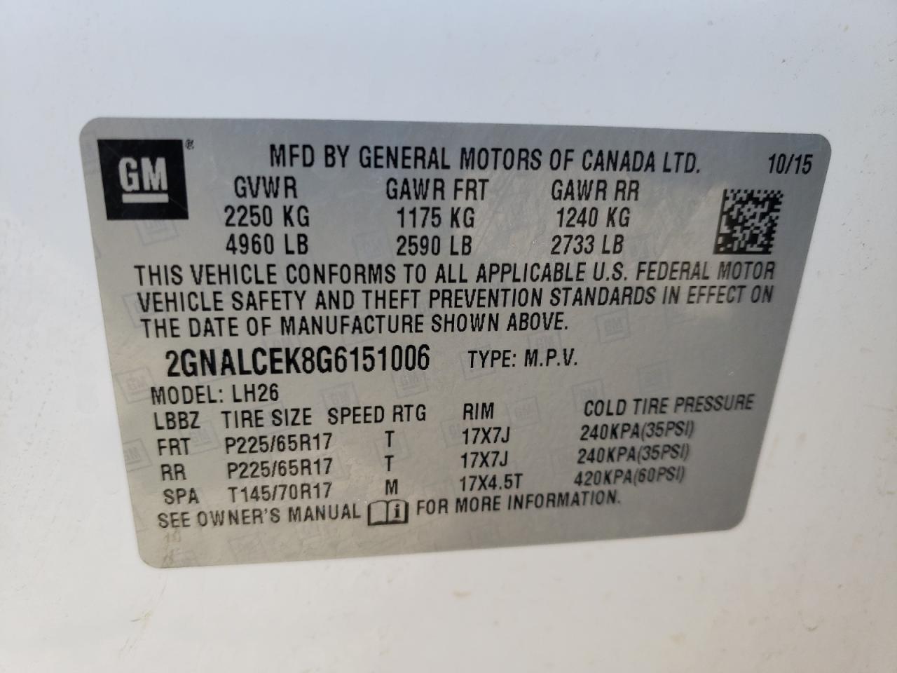 Photo 10 from auction – 2016 CHEVROLET EQUINOX LT with VIN 2GNALCEK8G6151006