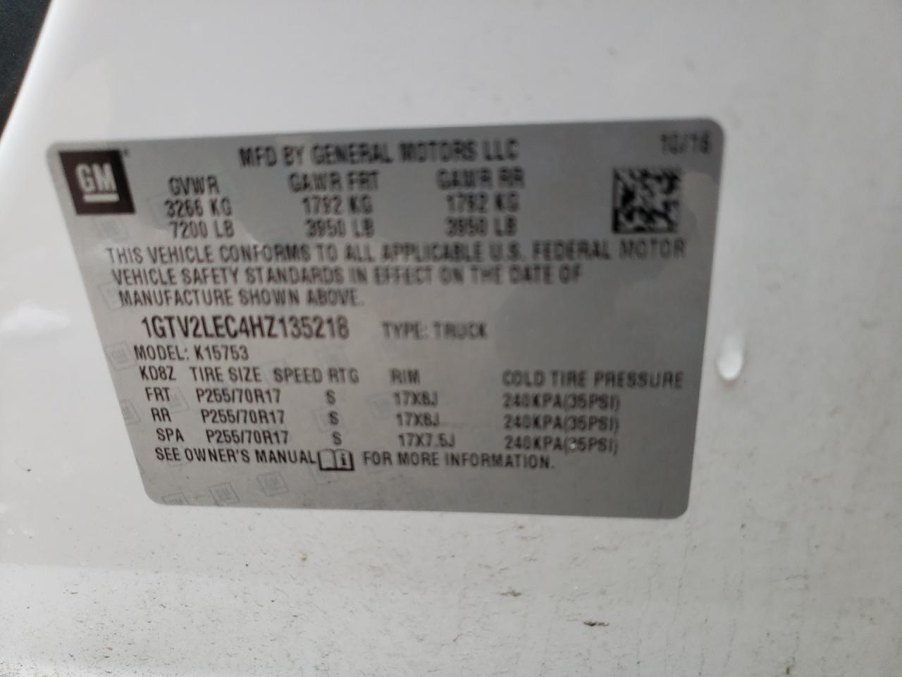 Photo 10 from auction – 2017 GMC SIERRA K15 with VIN 1GTV2LEC4HZ135218