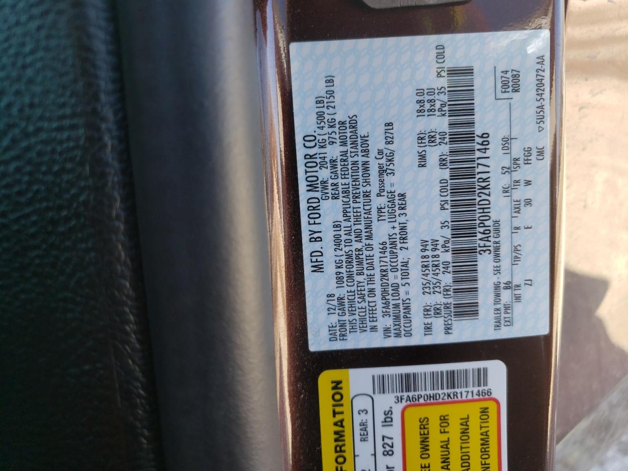 Photo 10 from auction – 2019 FORD FUSION SE with VIN 3FA6P0HD2KR171466
