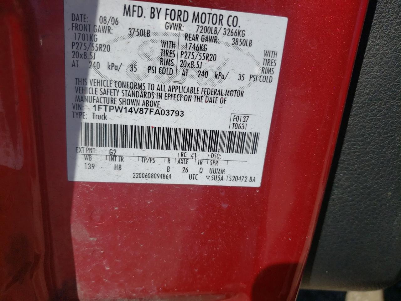 Photo 10 from auction – 2007 FORD F150 SUPER with VIN 1FTPW14V87FA03793