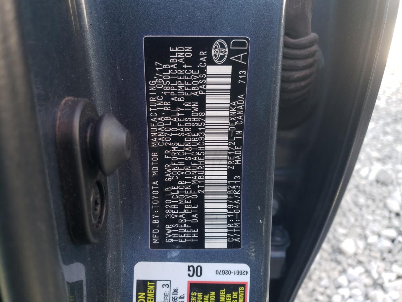 Photo 10 from auction – 2017 TOYOTA COROLLA L with VIN 2T1BURHE5HC931578