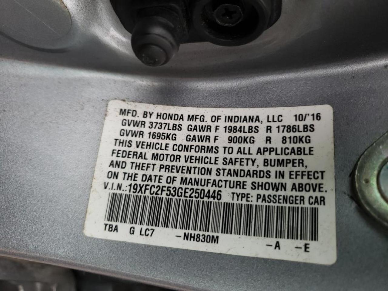 Photo 10 from auction – 2016 HONDA CIVIC LX with VIN 19XFC2F53GE250446
