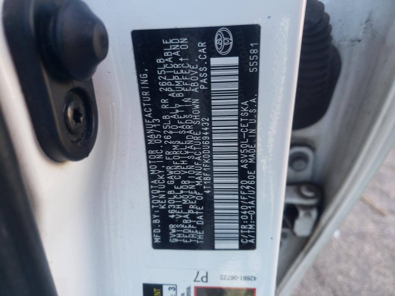 Photo 10 from auction – 2013 TOYOTA CAMRY L with VIN 4T1BF1FK0DU694432