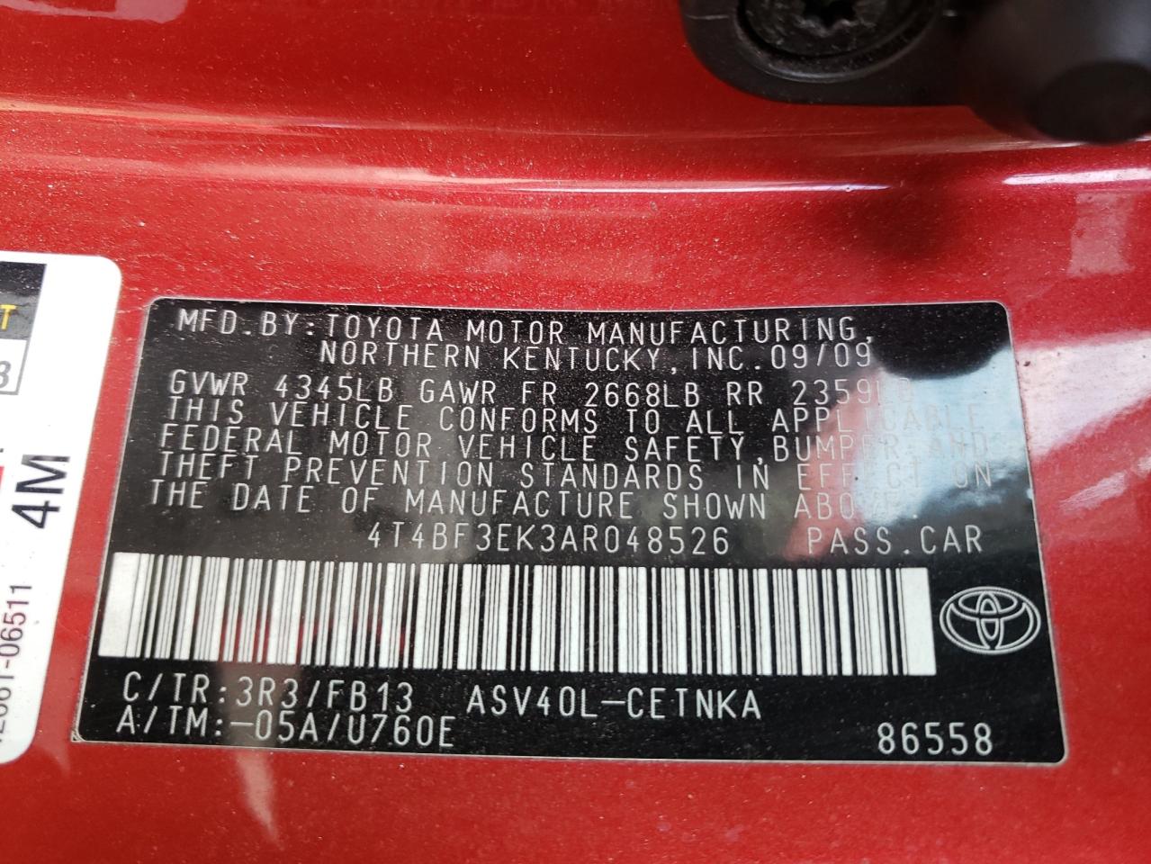 Photo 10 from auction – 2010 TOYOTA CAMRY BASE with VIN 4T4BF3EK3AR048526