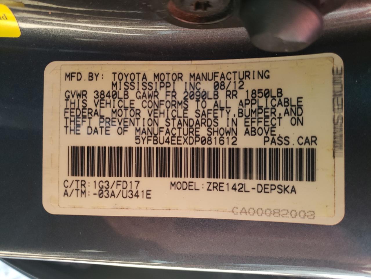 Photo 10 from auction – 2013 TOYOTA COROLLA BA with VIN 5YFBU4EEXDP081612
