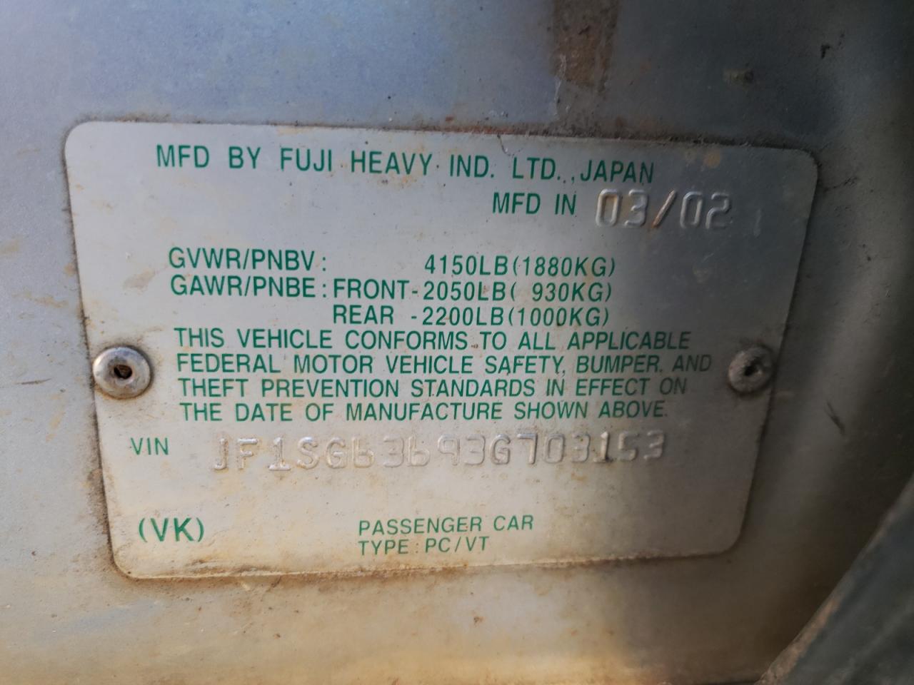 Photo 10 from auction – 2003 SUBARU FORESTER 2 with VIN JF1SG63693G703153
