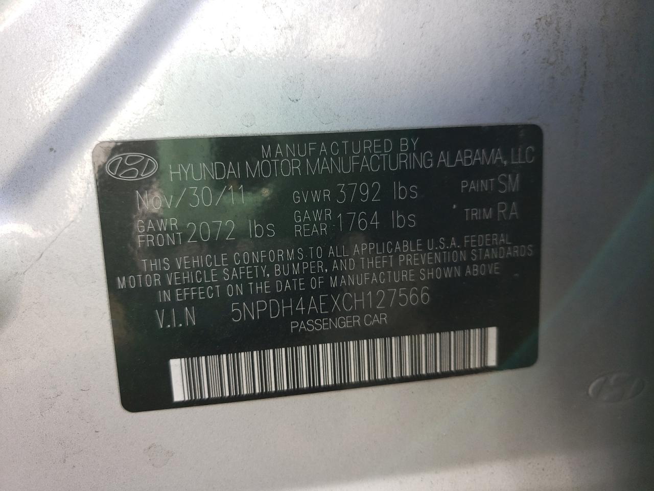 Photo 10 from auction – 2012 HYUNDAI ELANTRA GL with VIN 5NPDH4AEXCH127566