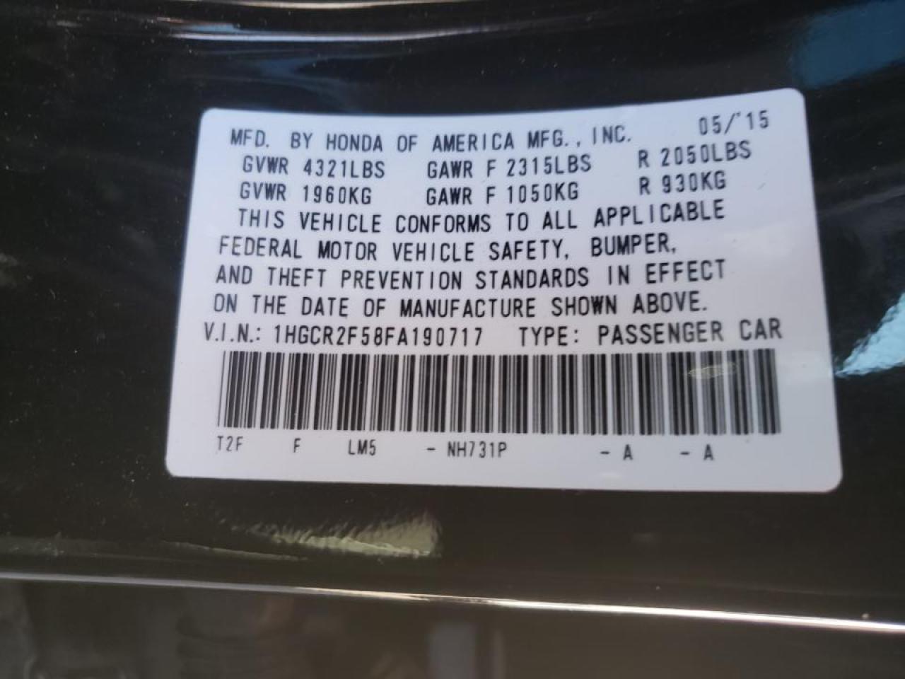 Photo 10 from auction – 2015 HONDA ACCORD SPO with VIN 1HGCR2F58FA190717