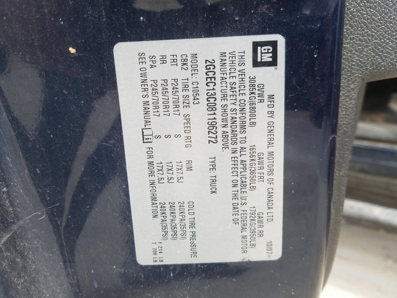 Photo 10 from auction – 2008 CHEVROLET SILVERADO with VIN 2GCEC13C081196272
