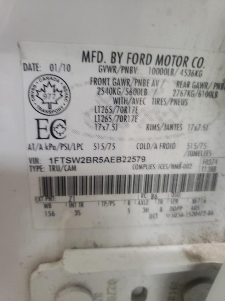 Photo 10 from auction – 2010 FORD F250 SUPER with VIN 1FTSW2BR5AEB22579