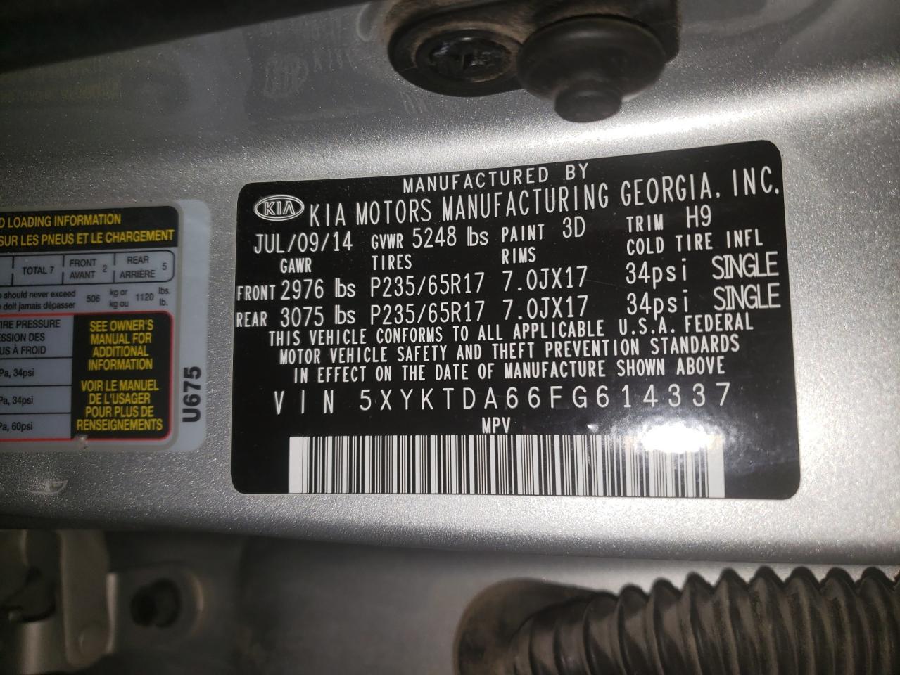 Photo 10 from auction – 2015 KIA SORENTO LX with VIN 5XYKTDA66FG614337