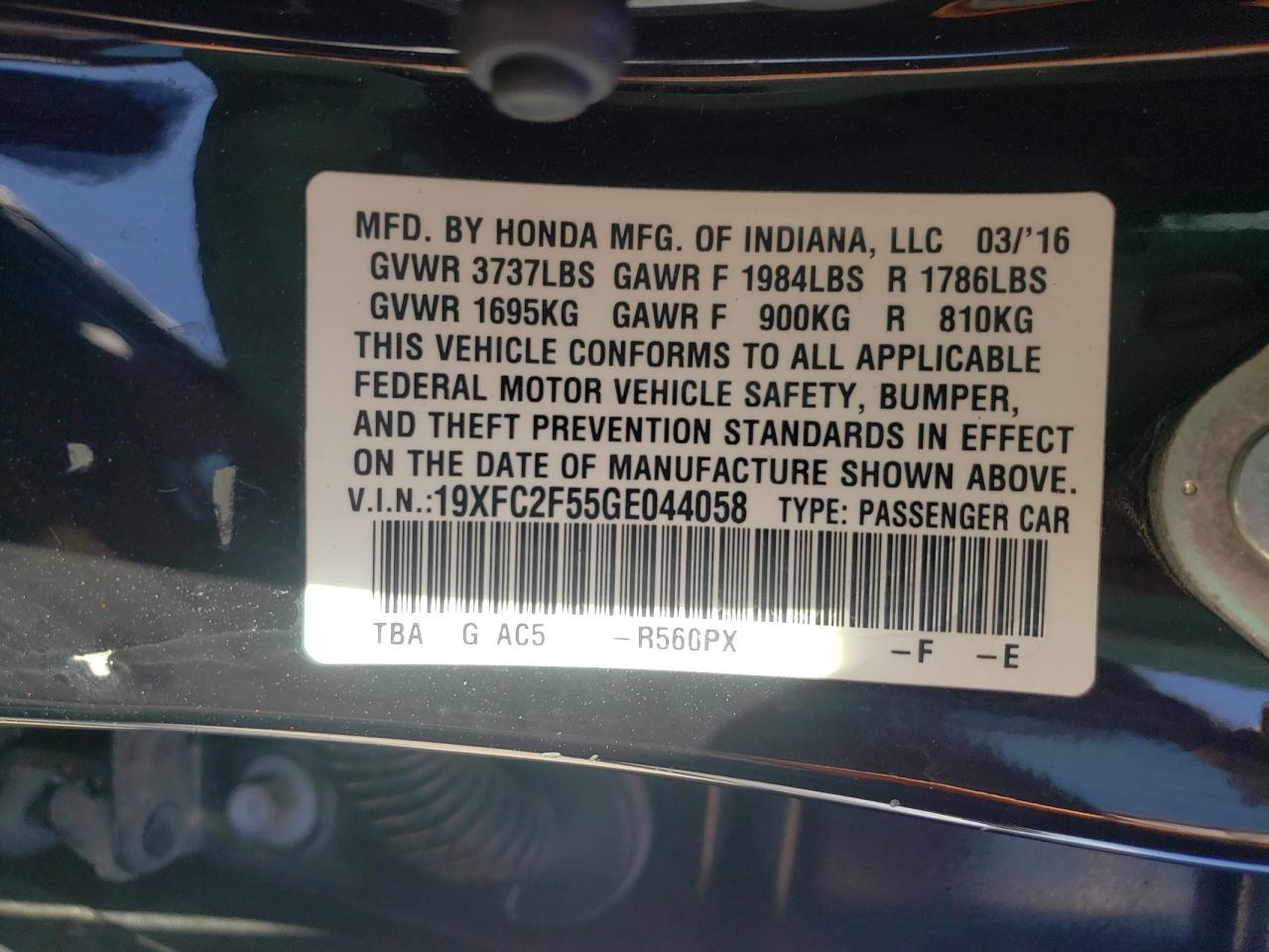 Photo 10 from auction – 2016 HONDA CIVIC LX with VIN 19XFC2F55GE044058