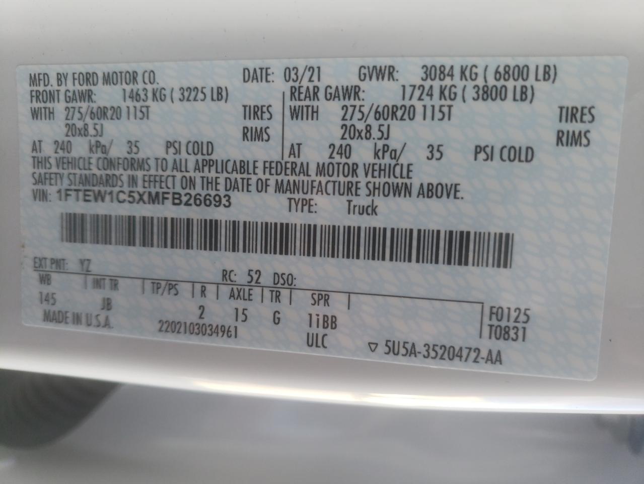 Photo 10 from auction – 2021 FORD F150 SUPER with VIN 1FTEW1C5XMFB26693