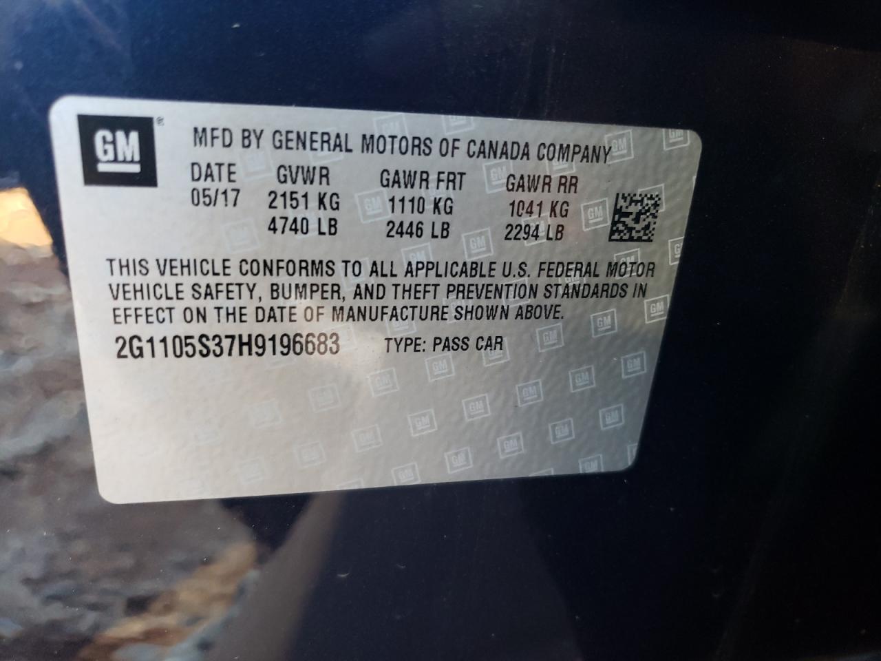 Photo 10 from auction – 2017 CHEVROLET IMPALA LT with VIN 2G1105S37H9196683