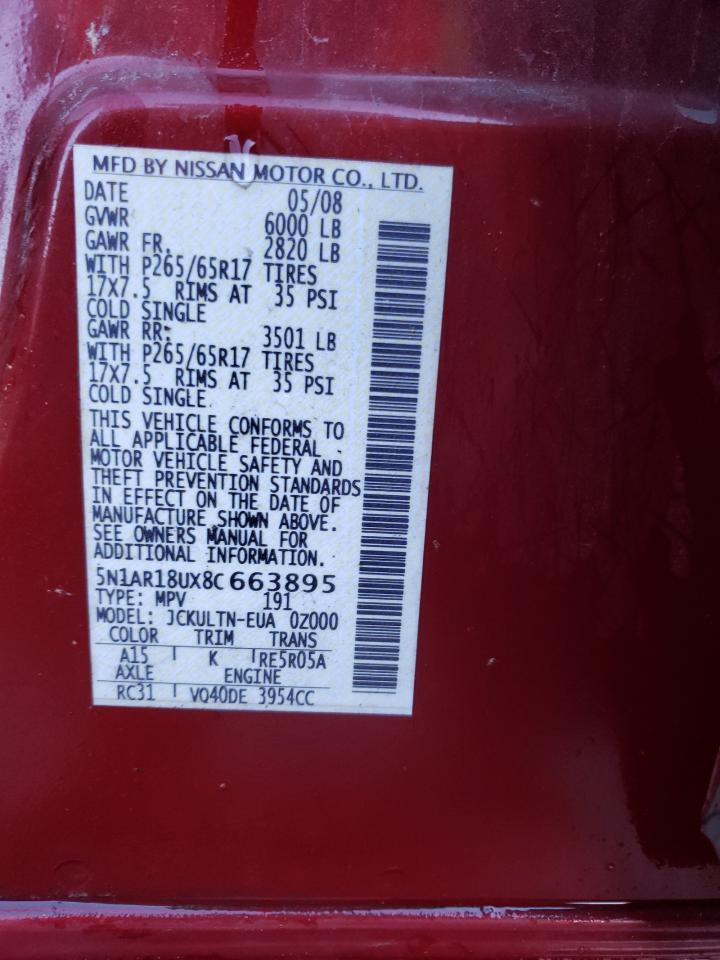 Photo 10 from auction – 2008 NISSAN PATHFINDER with VIN 5N1AR18UX8C663895