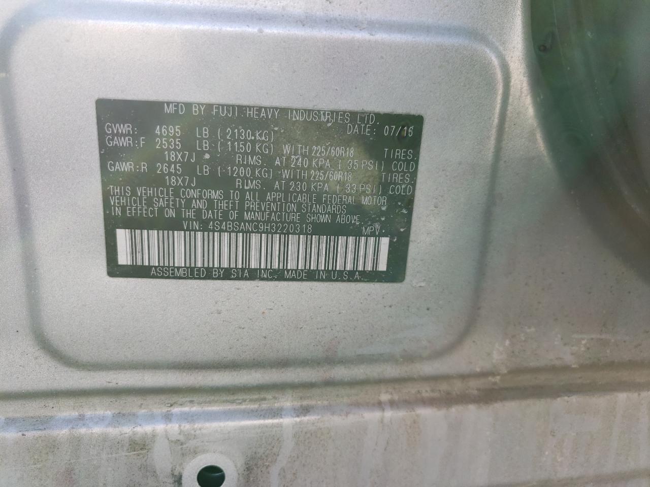 Photo 10 from auction – 2017 SUBARU OUTBACK 2. with VIN 4S4BSANC9H3220318