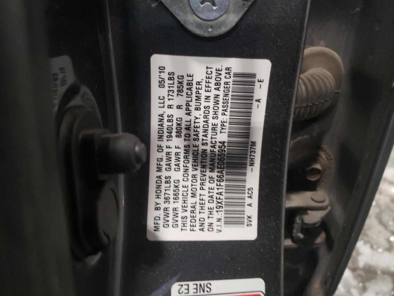 Photo 10 from auction – 2010 HONDA CIVIC LX-S with VIN 19XFA1F66AE065954