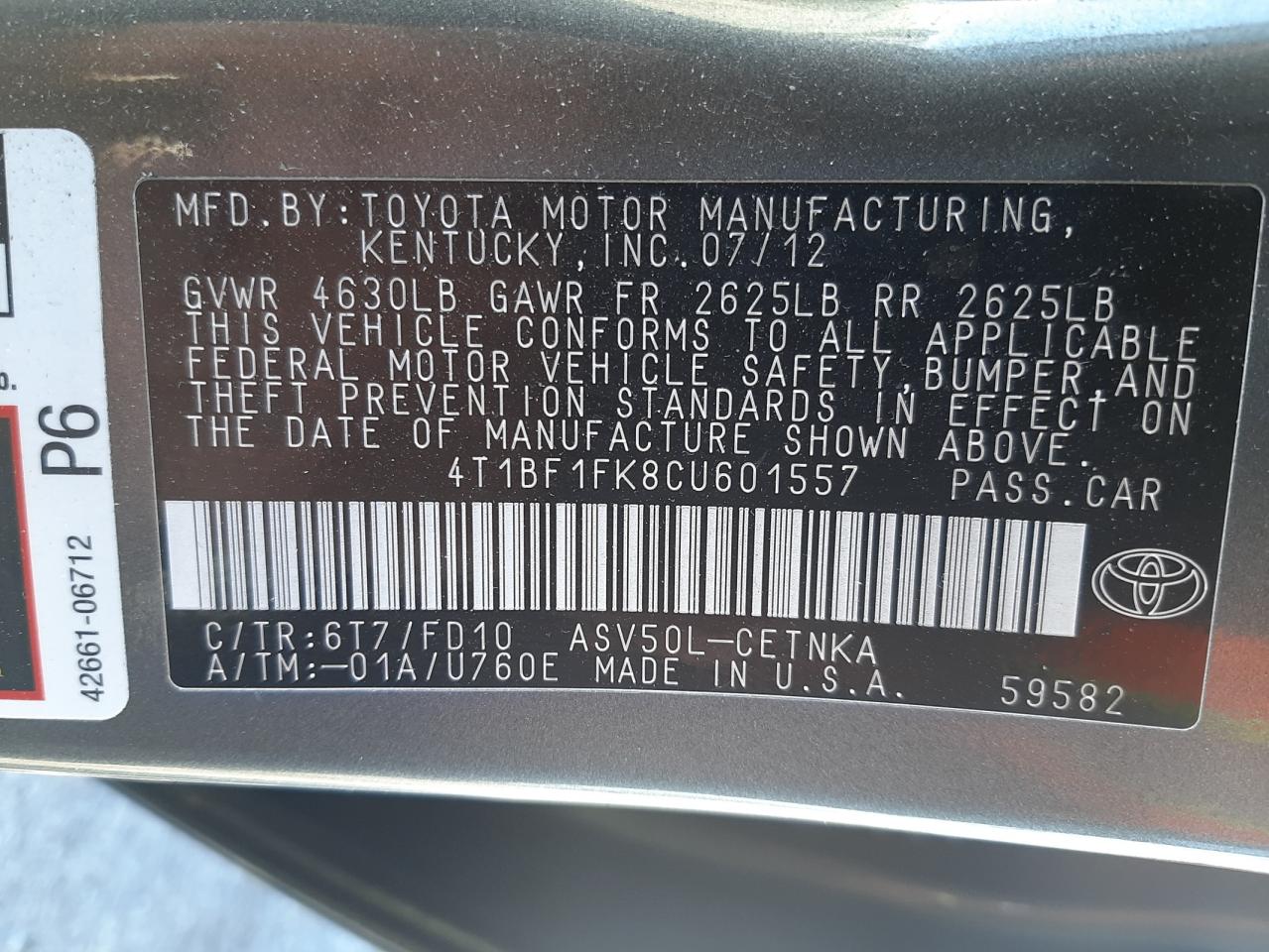 Photo 10 from auction – 2012 TOYOTA UK with VIN 4T1BF1FK8CU601557