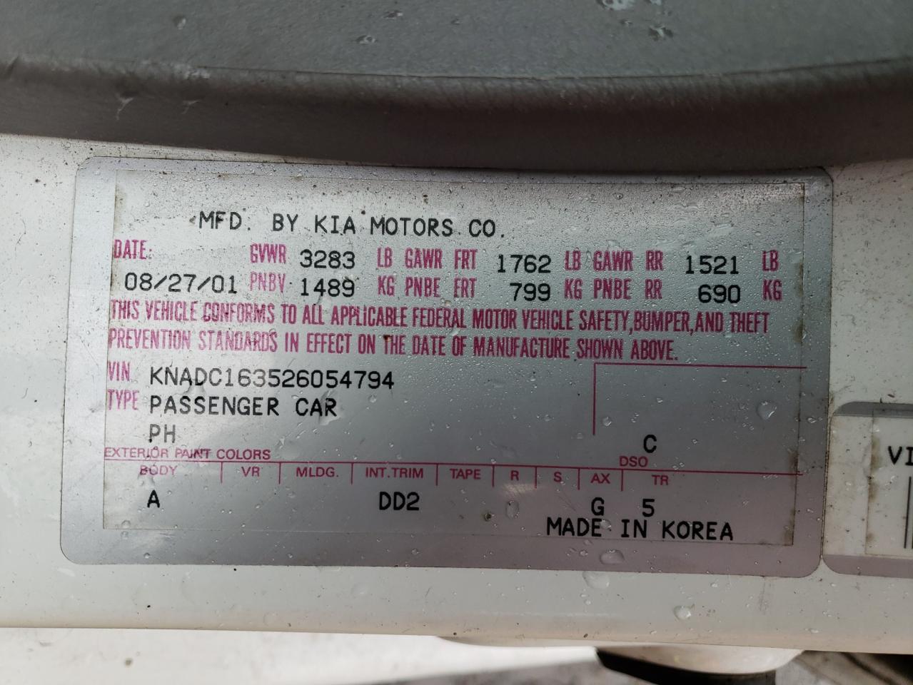 Photo 10 from auction – 2002 KIA RIO CINCO with VIN KNADC163526054794