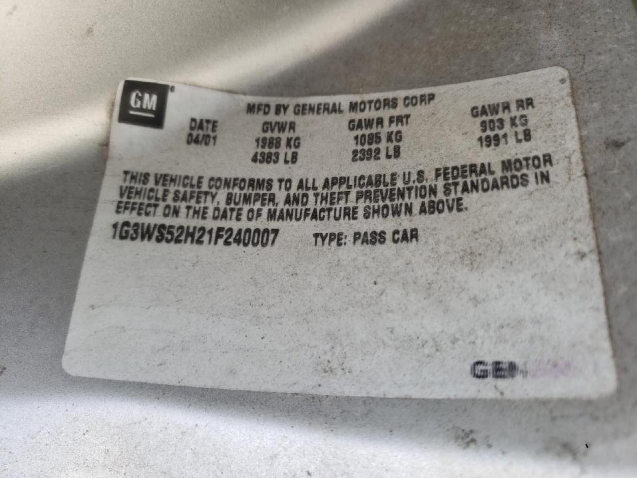 Photo 10 from auction – 2001 OLDSMOBILE INTRIGUE G with VIN 1G3WS52H21F240007