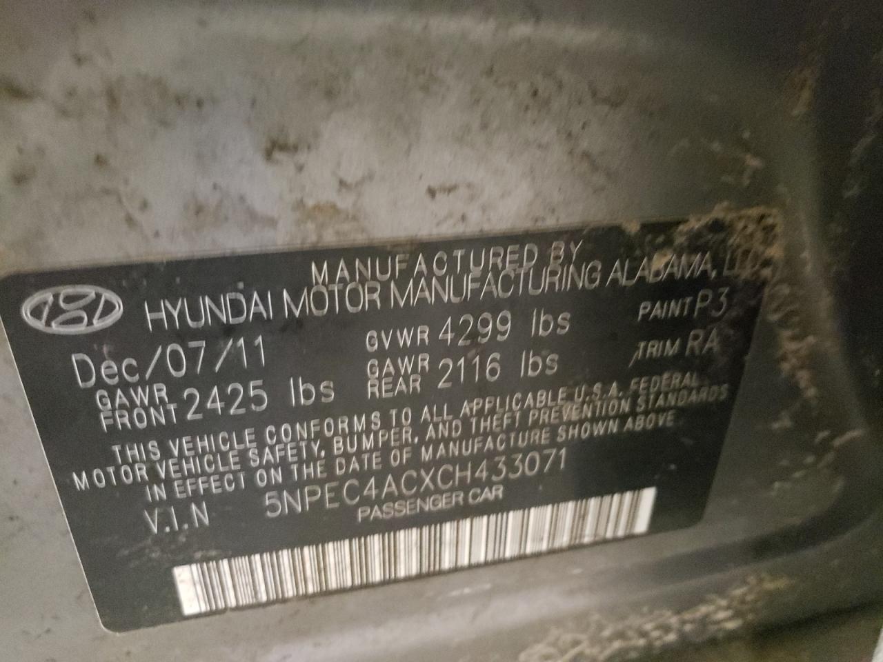 Foto 10 de la subasta – 2012 HYUNDAI SONATA SE con VIN 5NPEC4ACXCH433071