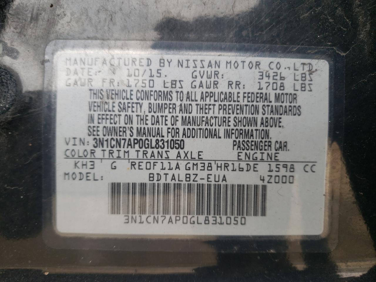 Photo 10 from auction – 2016 NISSAN VERSA S with VIN 3N1CN7AP0GL831050
