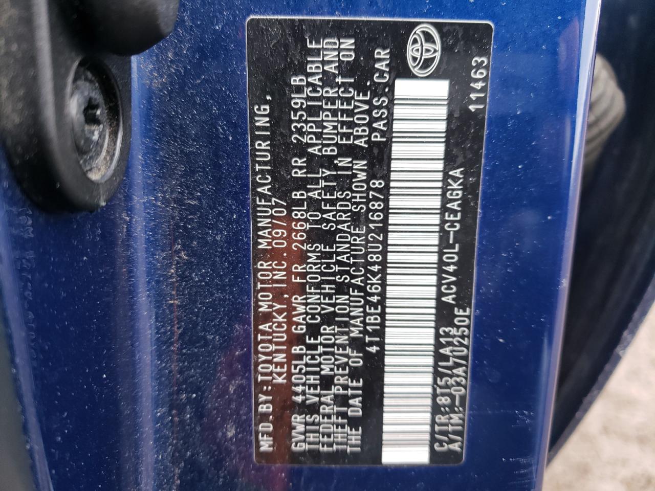 Photo 10 from auction – 2008 TOYOTA CAMRY CE with VIN 4T1BE46K48U216878