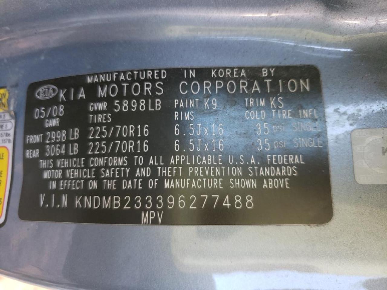Photo 10 from auction – 2009 KIA SEDONA EX with VIN KNDMB233396277488