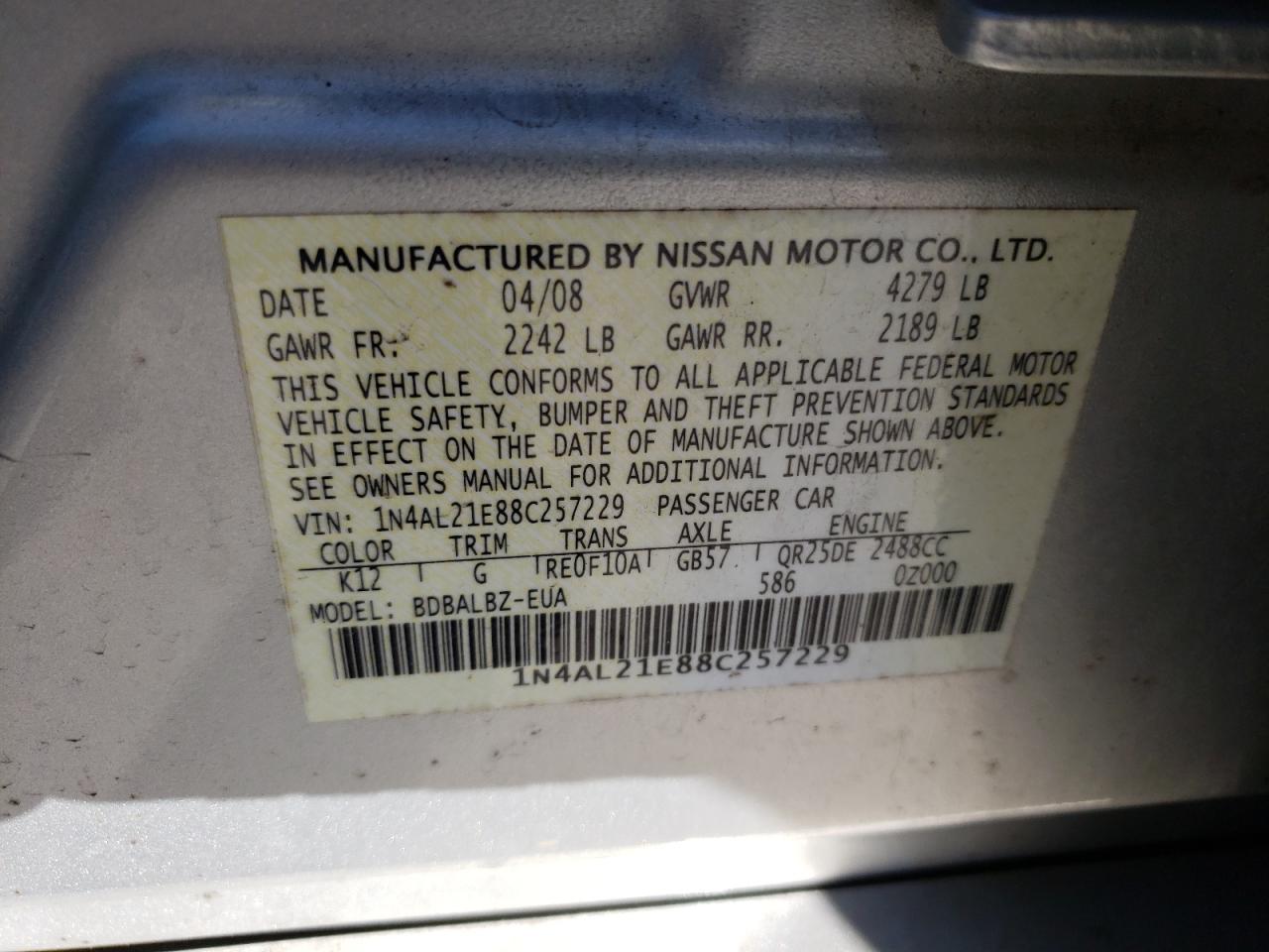 Photo 10 from auction – 2008 NISSAN ALTIMA 2.5 with VIN 1N4AL21E88C257229