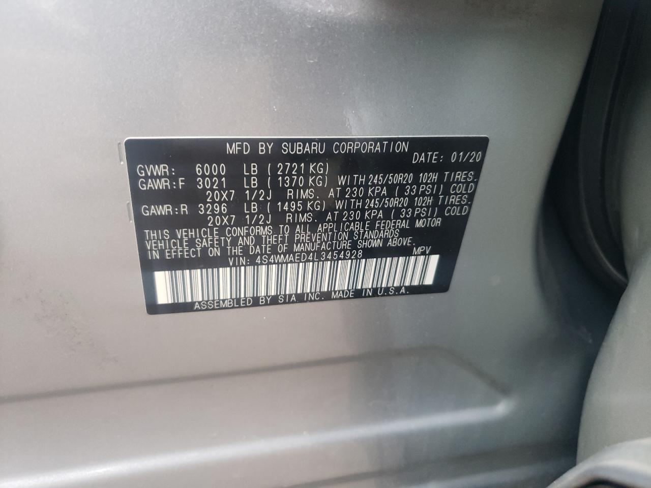 Photo 10 from auction – 2020 SUBARU ASCENT PRE with VIN 4S4WMAED4L3454928