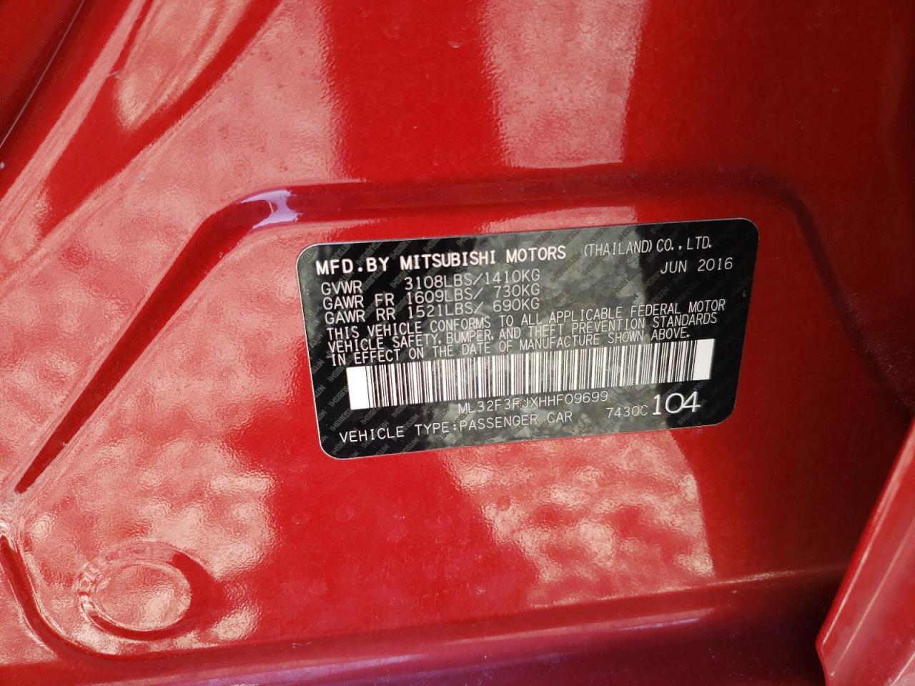 Photo 10 from auction – 2017 MITSUBISHI MIRAGE G4 with VIN ML32F3FJXHHF09699