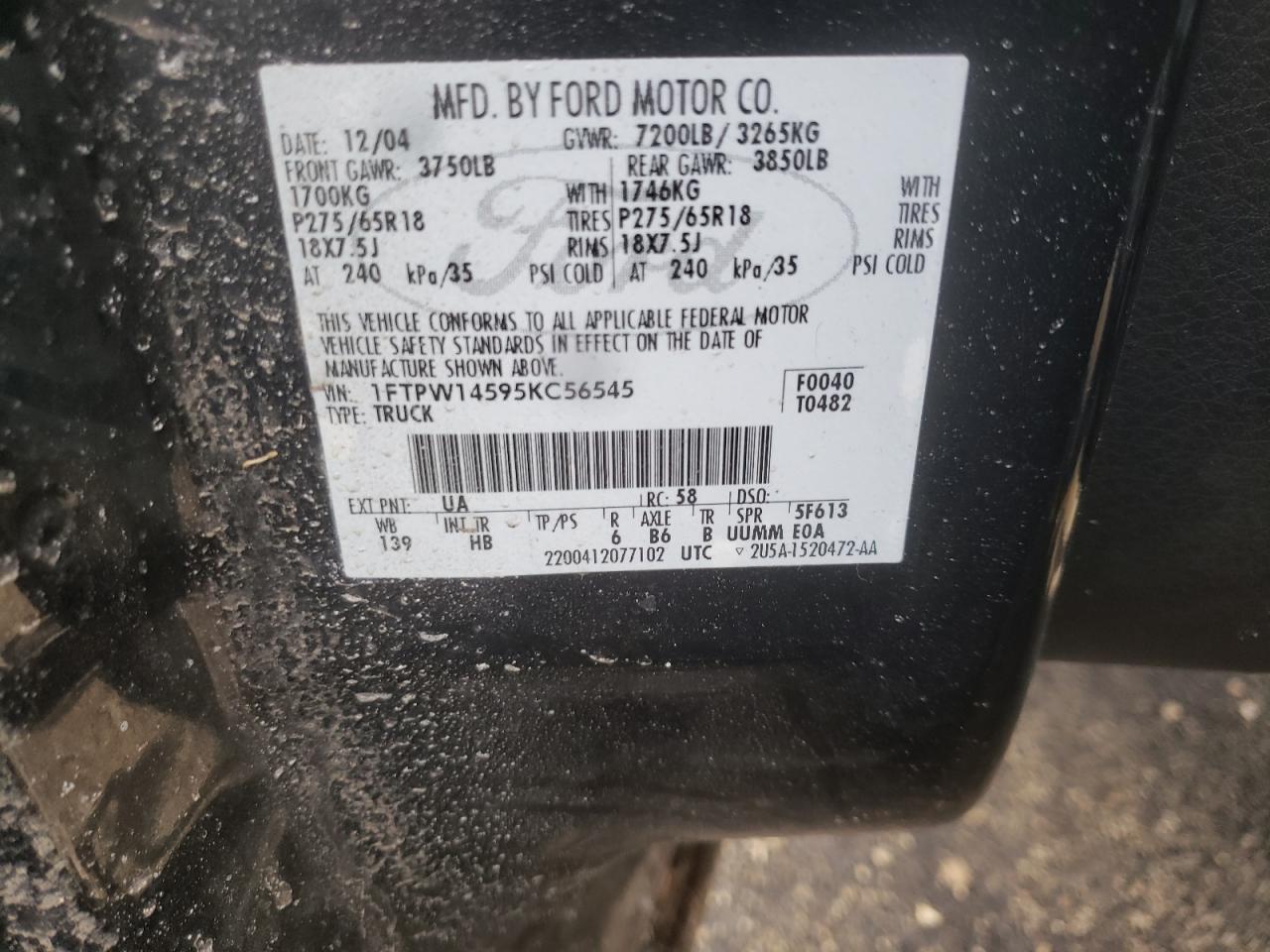 Photo 10 from auction – 2005 FORD F150 SUPER with VIN 1FTPW14595KC56545