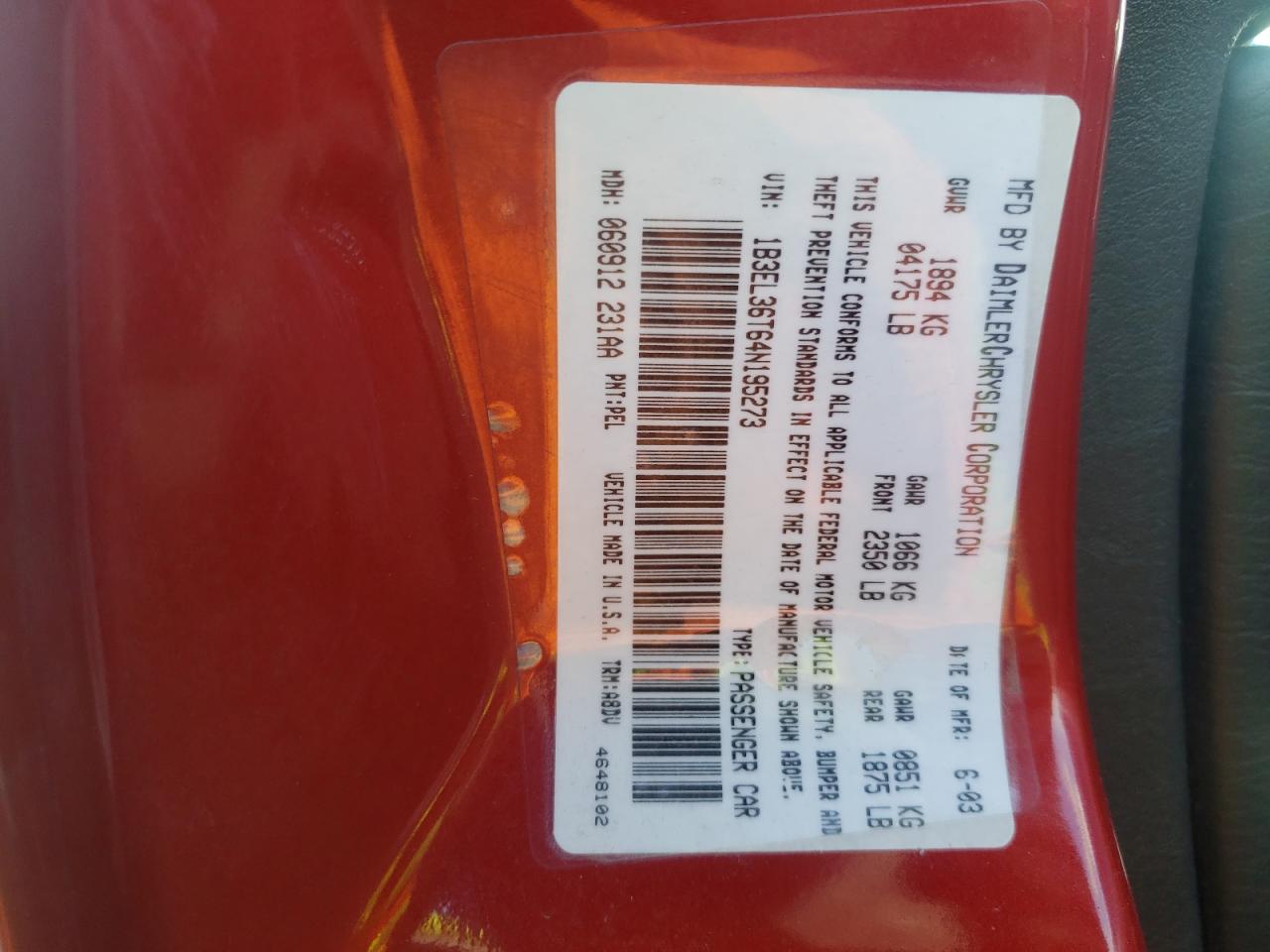 Photo 10 from auction – 2004 DODGE STRATUS ES with VIN 1B3EL36T64N195273