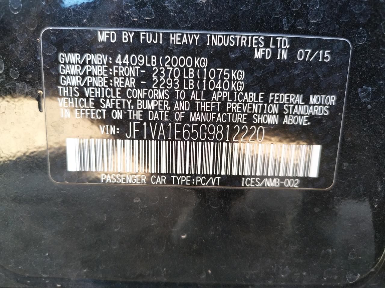 Photo 10 from auction – 2016 SUBARU WRX PREMIU with VIN JF1VA1E65G9812220
