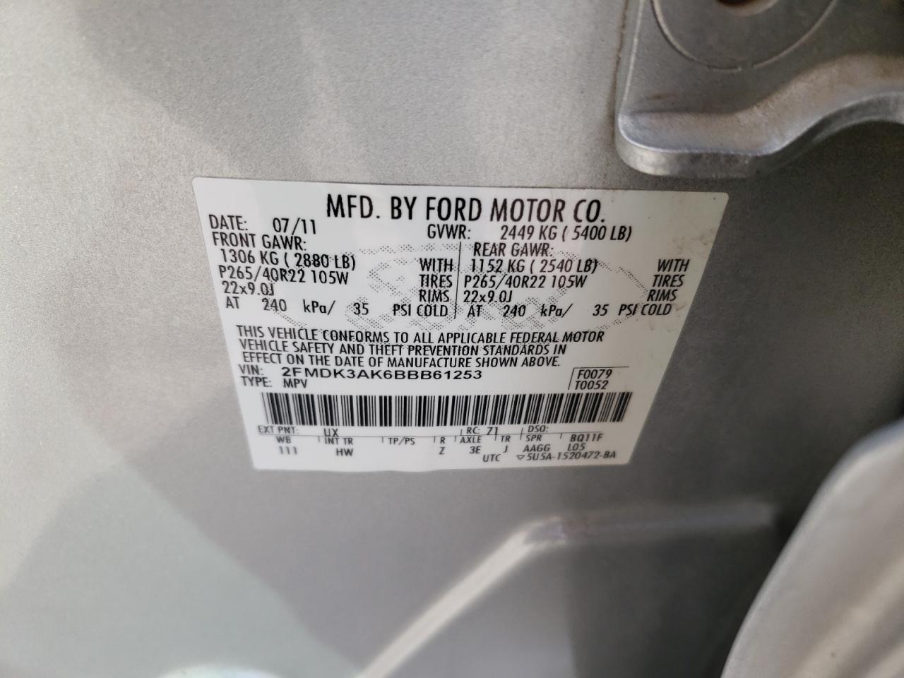 Photo 10 from auction – 2011 FORD EDGE SPORT with VIN 2FMDK3AK6BBB61253