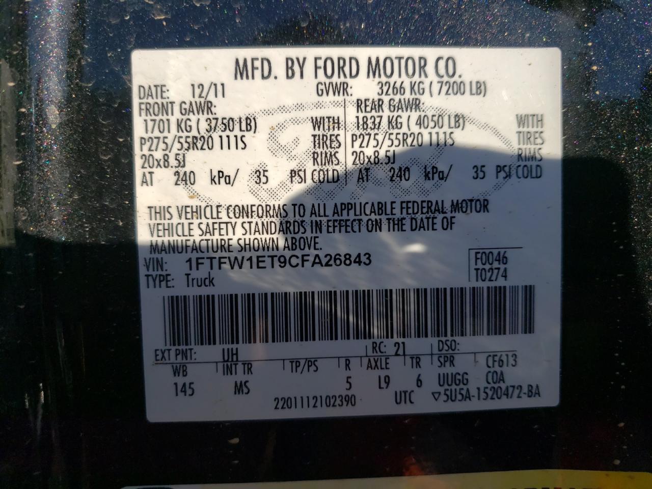 Photo 10 from auction – 2012 FORD F150 SUPER with VIN 1FTFW1ET9CFA26843
