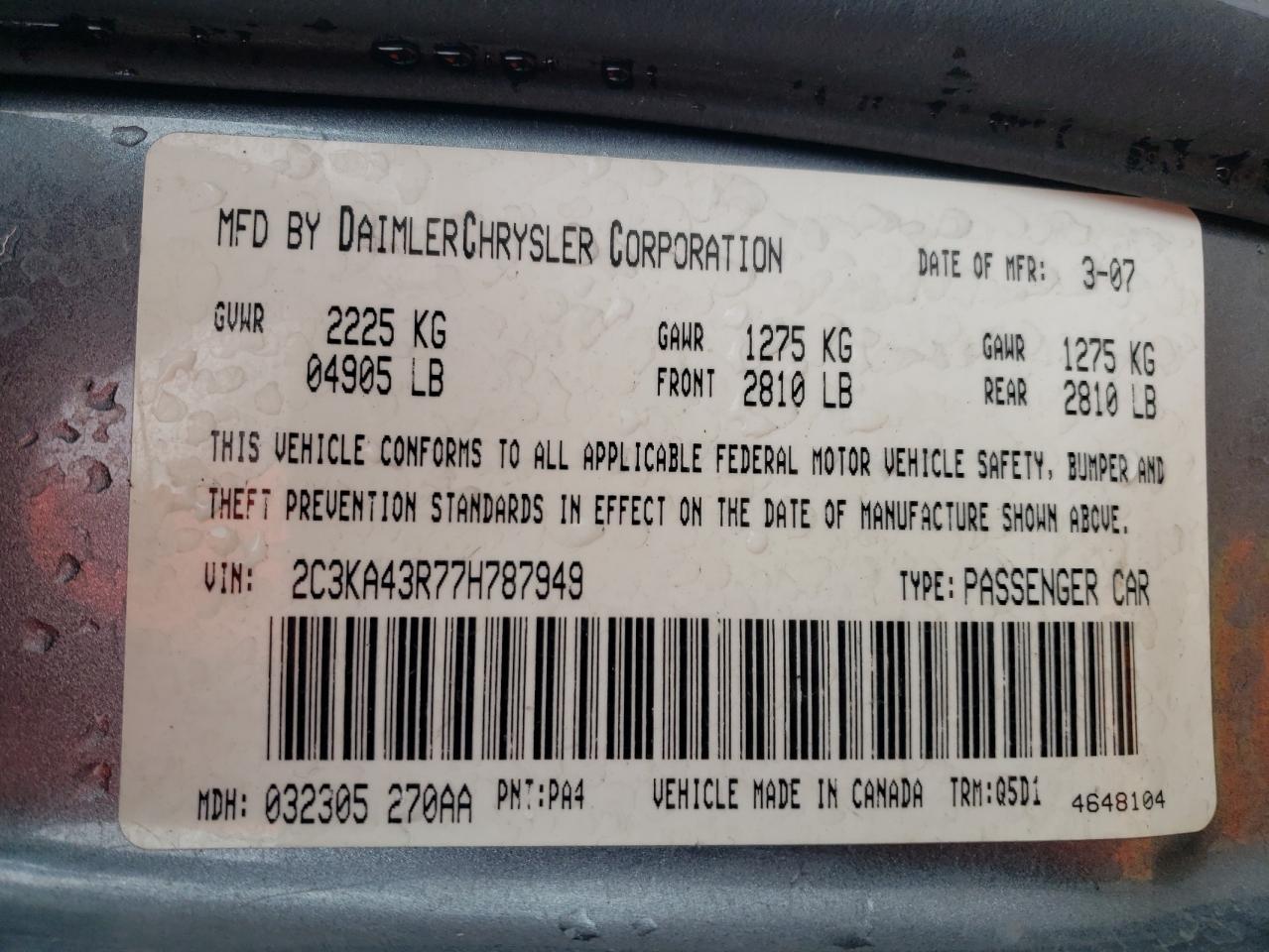 Photo 10 from auction – 2007 CHRYSLER 300 with VIN 2C3KA43R77H787949