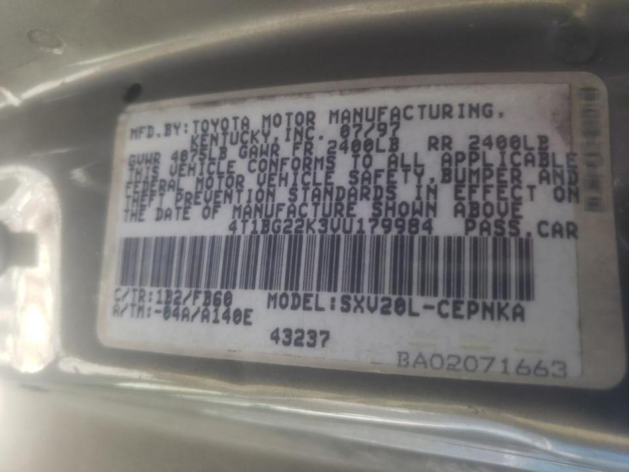 Photo 10 from auction – 1997 TOYOTA CAMRY CE with VIN 4T1BG22K3VU179984