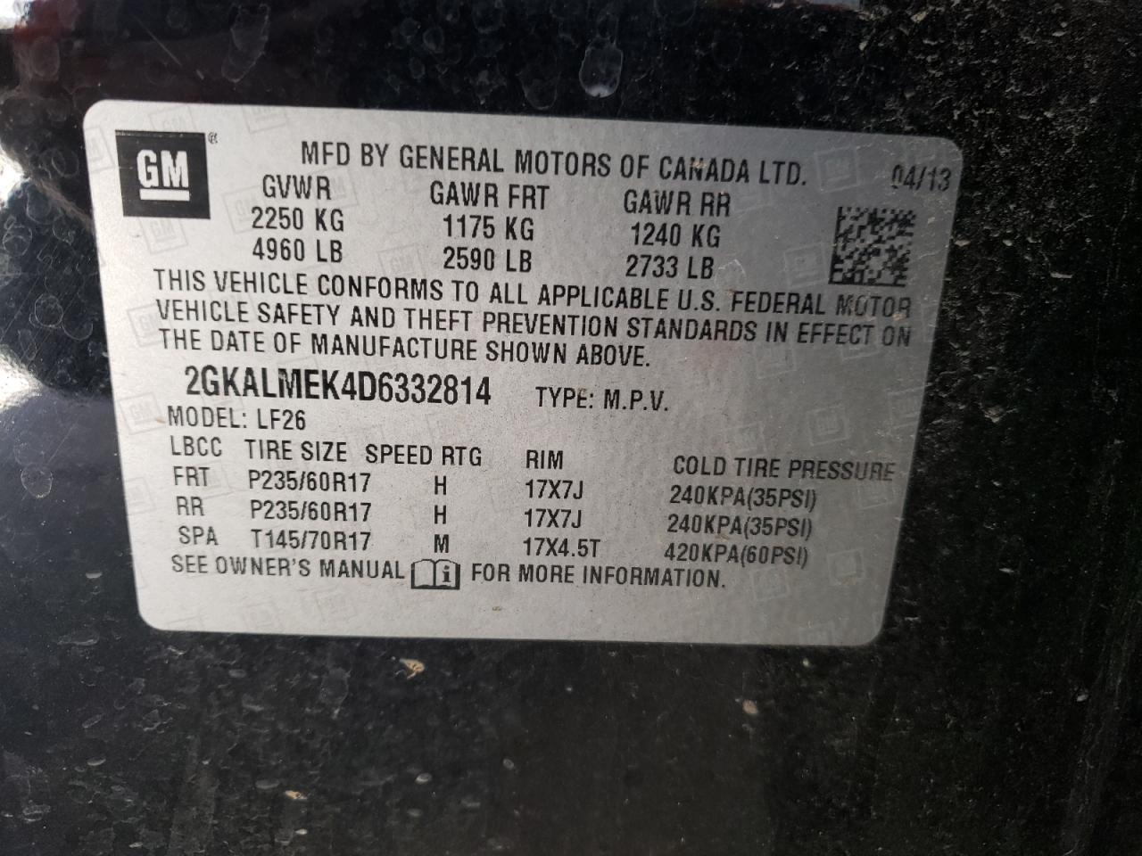 Photo 10 from auction – 2013 GMC TERRAIN SL with VIN 2GKALMEK4D6332814