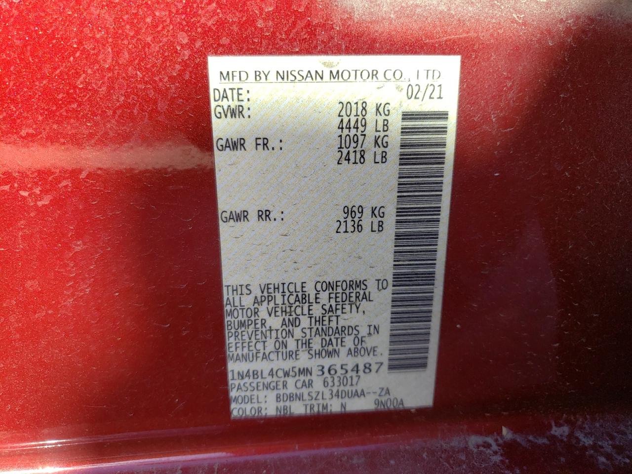 Photo 10 from auction – 2021 NISSAN ALTIMA SR with VIN 1N4BL4CW5MN365487
