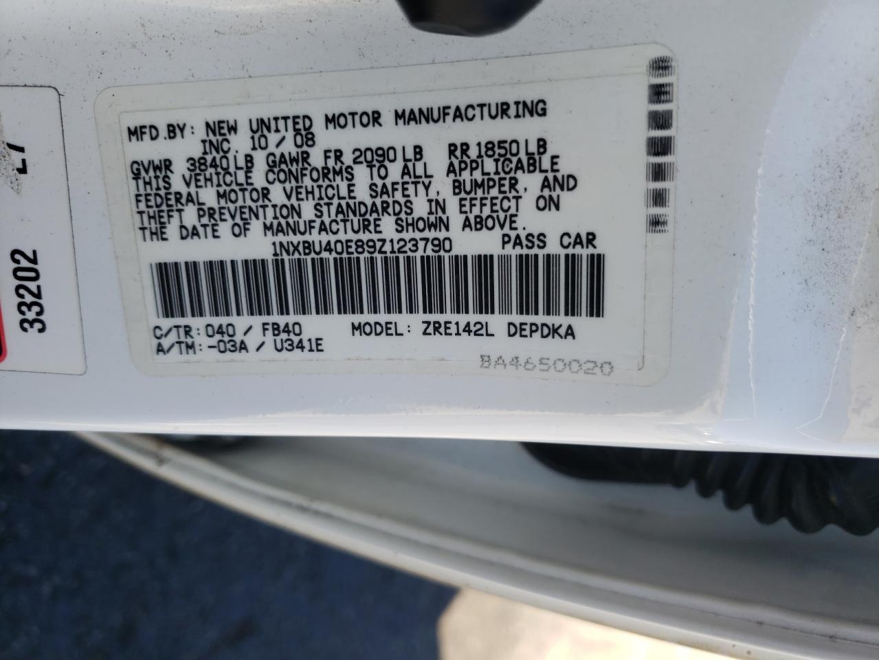 Photo 10 from auction – 2009 TOYOTA COROLLA BA with VIN 1NXBU40E89Z123790