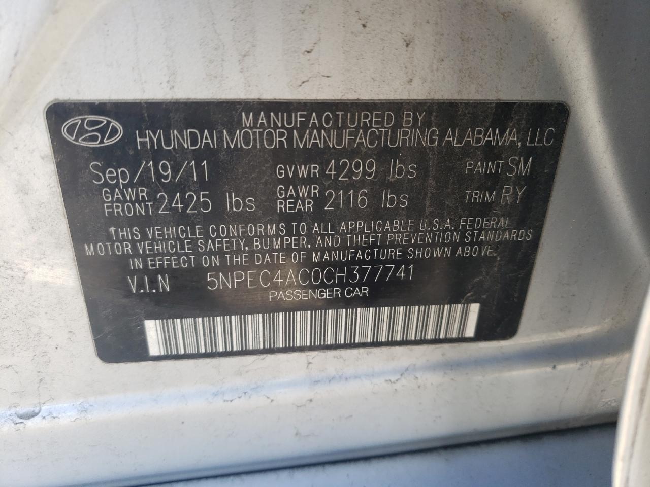 Photo 10 from auction – 2012 HYUNDAI SONATA SE with VIN 5NPEC4AC0CH377741