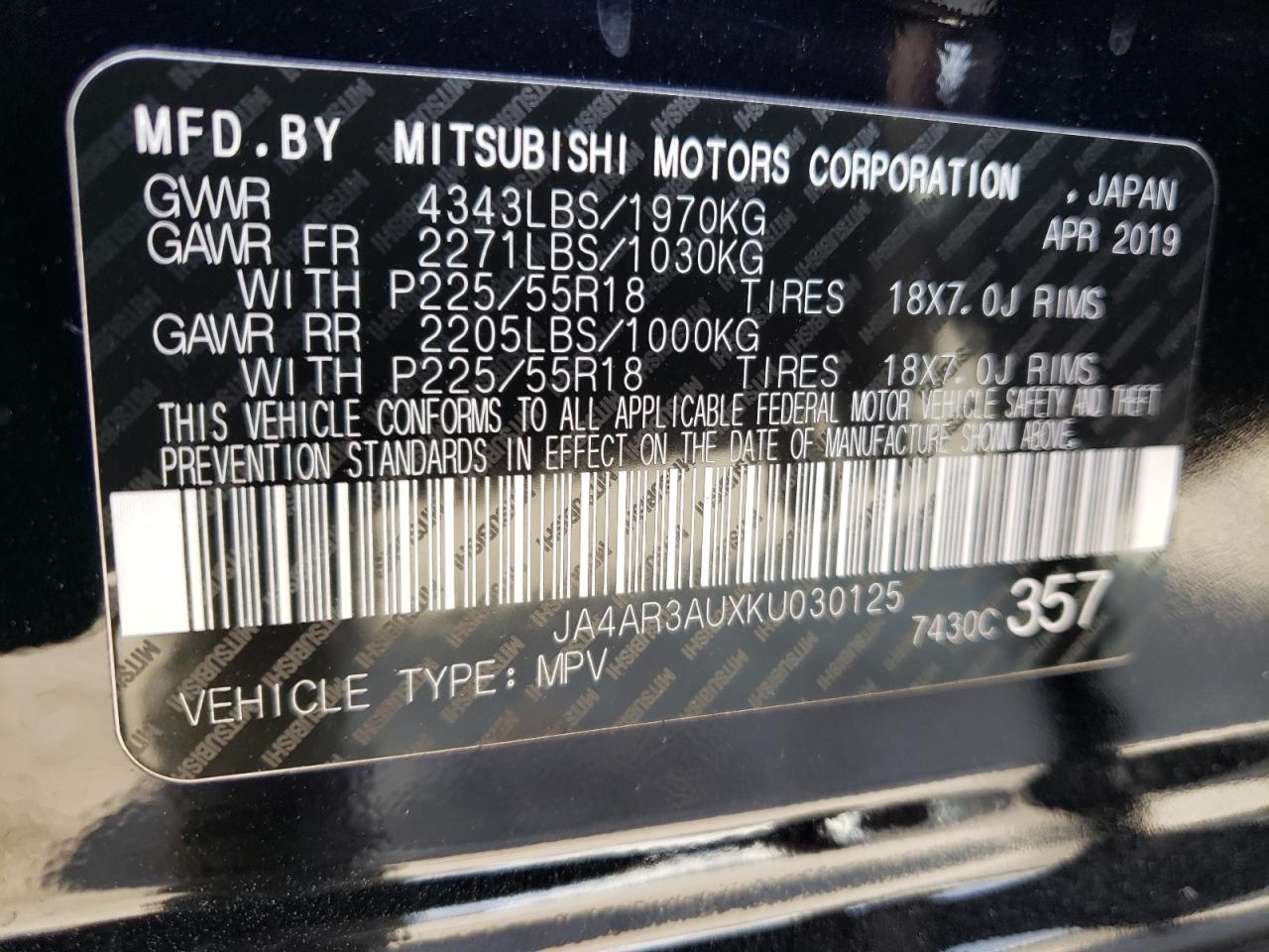 Photo 10 from auction – 2019 MITSUBISHI OUTLANDER with VIN JA4AR3AUXKU030125
