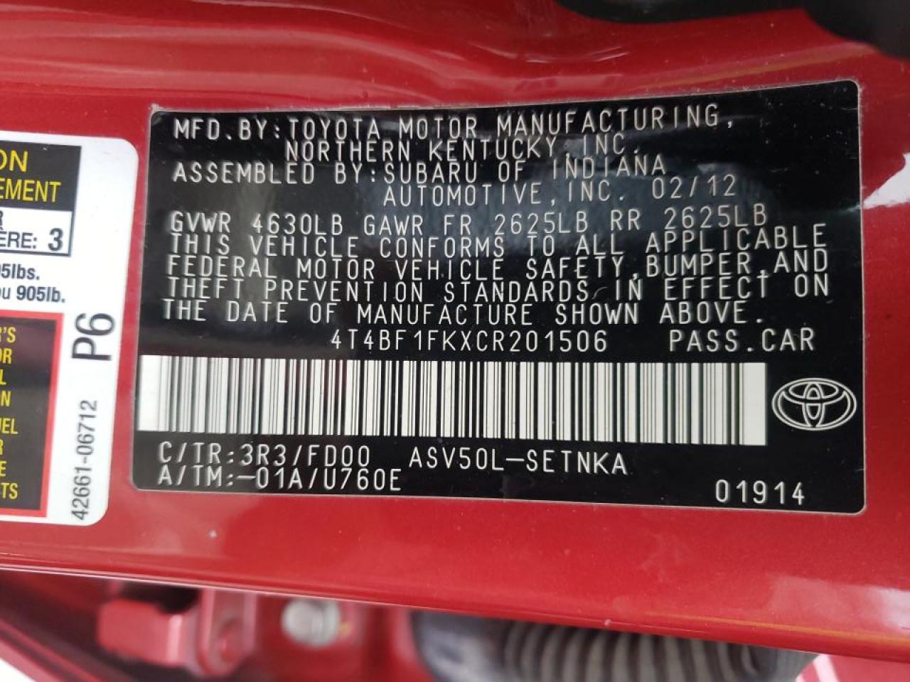 Photo 10 from auction – 2012 TOYOTA CAMRY BASE with VIN 4T4BF1FKXCR201506