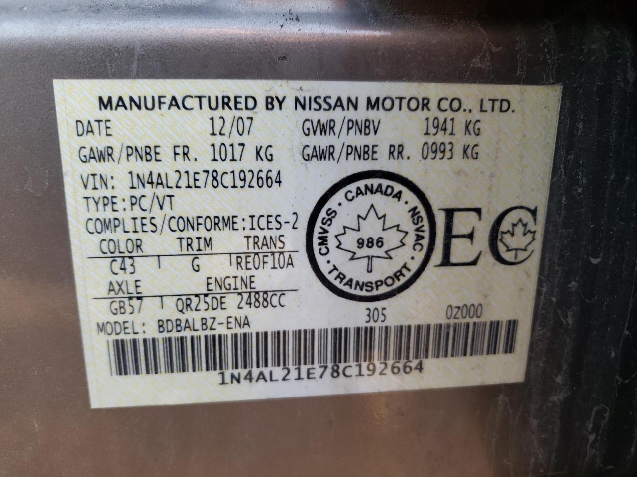 Photo 10 from auction – 2008 NISSAN ALTIMA 2.5 with VIN 1N4AL21E78C192664