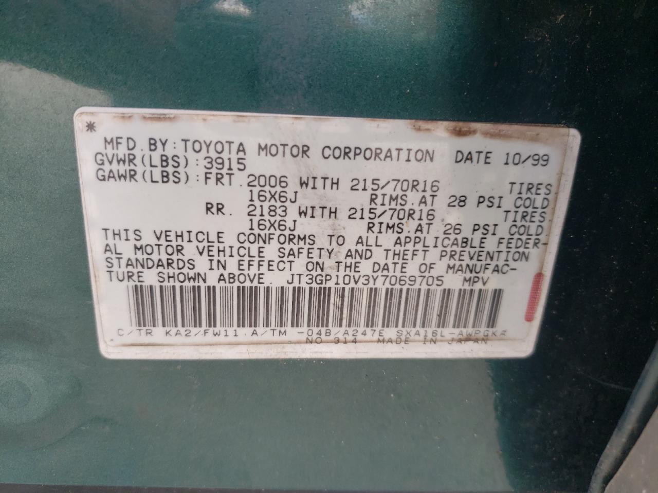 Photo 10 from auction – 2000 TOYOTA RAV4 with VIN JT3GP10V3Y7069705