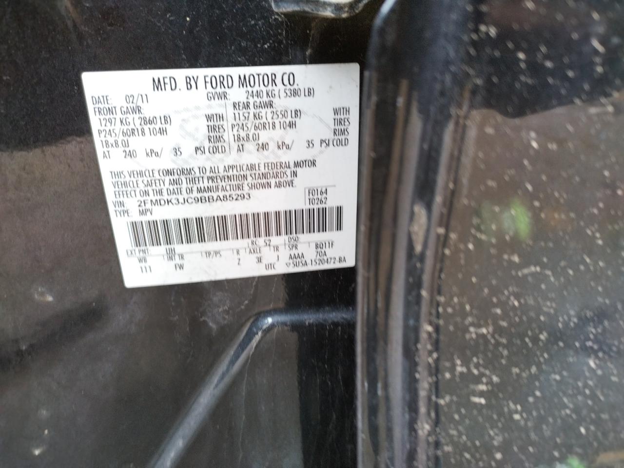 Photo 10 from auction – 2011 FORD EDGE SEL with VIN 2FMDK3JC9BBA85293