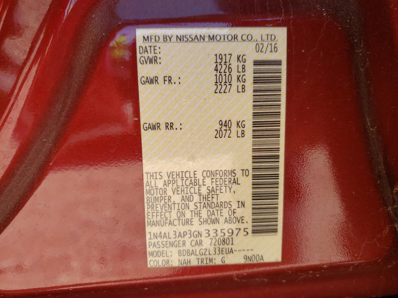 Photo 10 from auction – 2016 NISSAN ALTIMA 2.5 with VIN 1N4AL3AP3GN335975