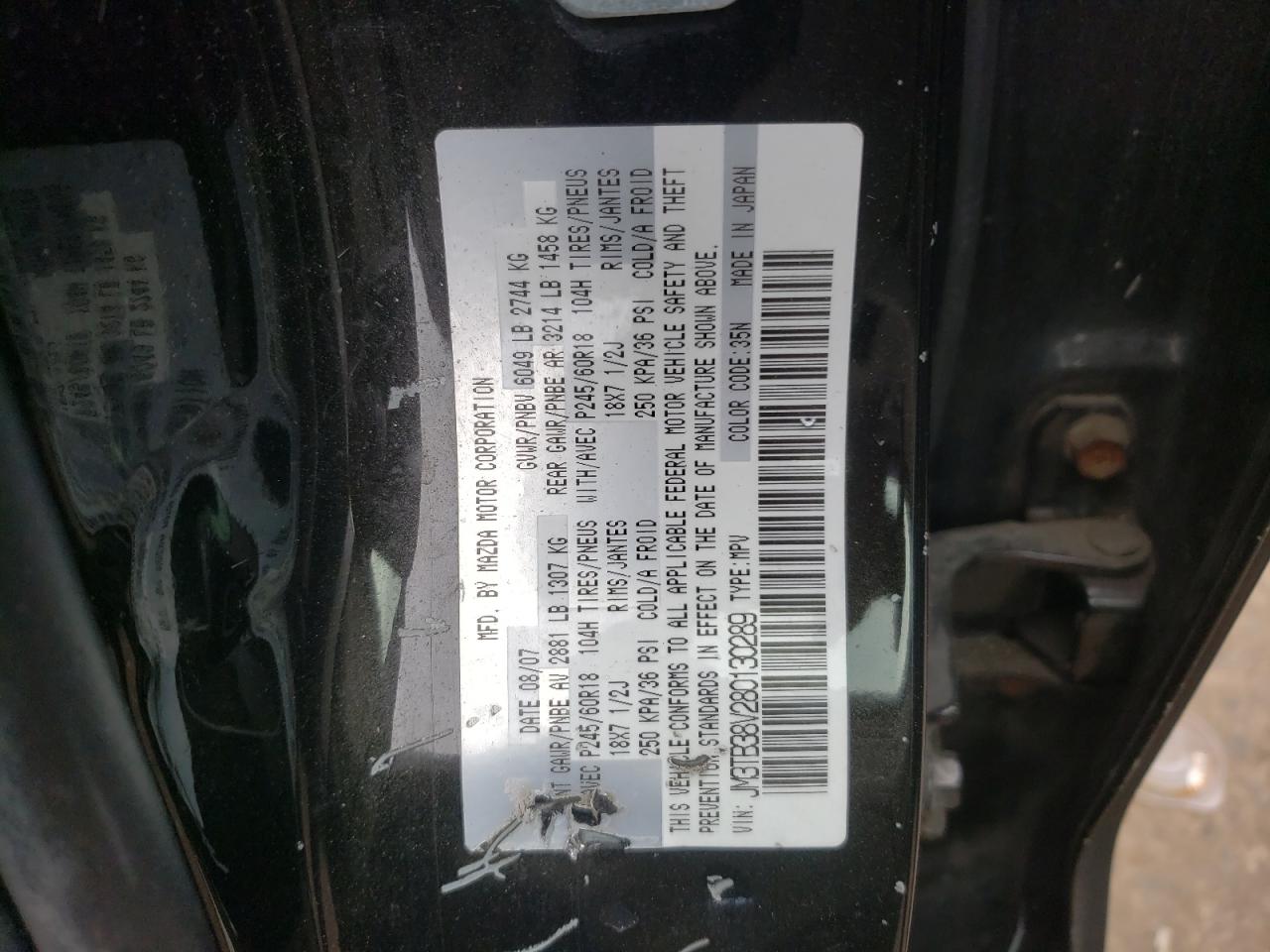 Photo 10 from auction – 2008 MAZDA CX-9 with VIN JM3TB38V280130289