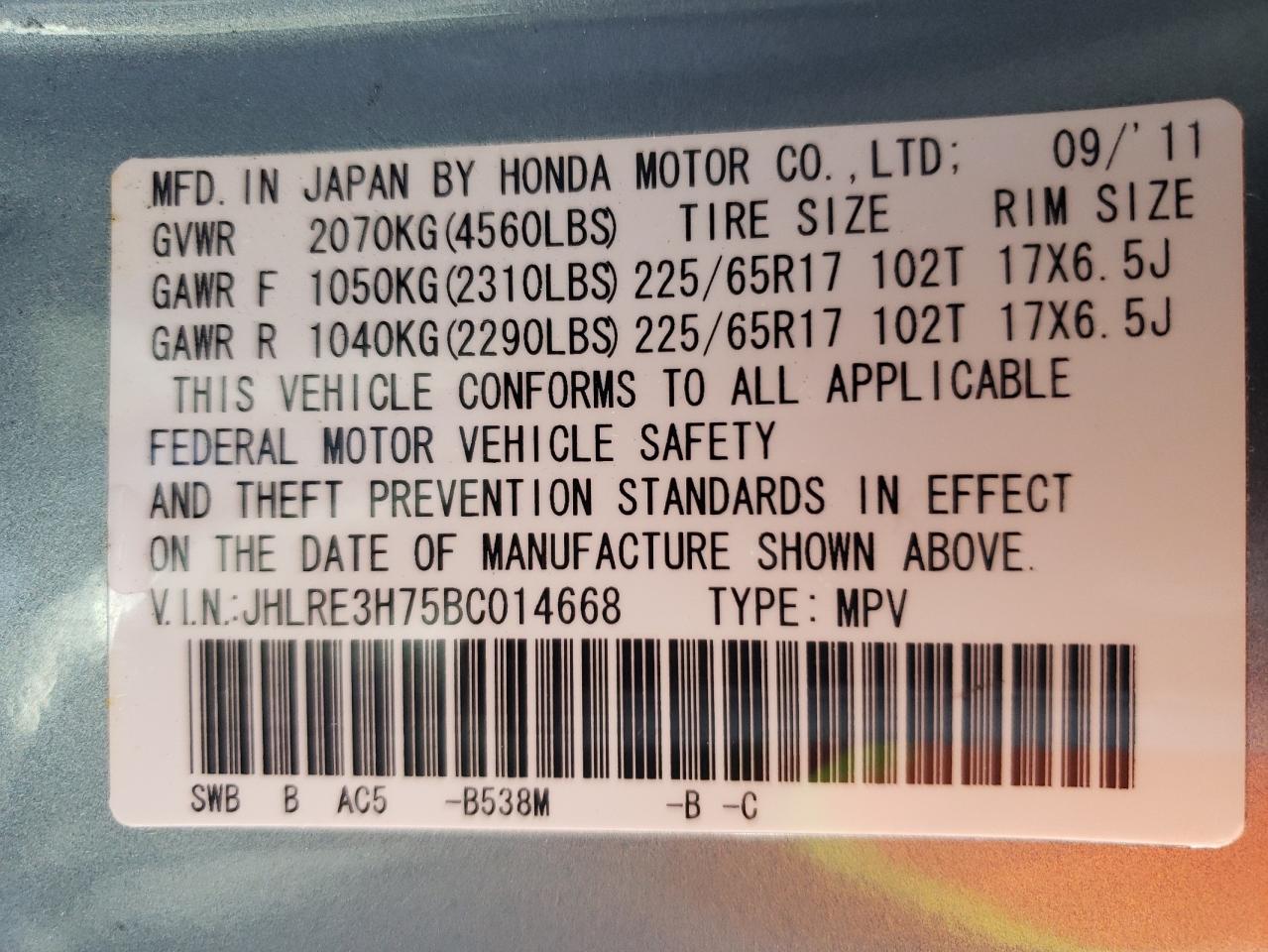 Photo 10 from auction – 2011 HONDA CR-V EXL with VIN JHLRE3H75BC014668